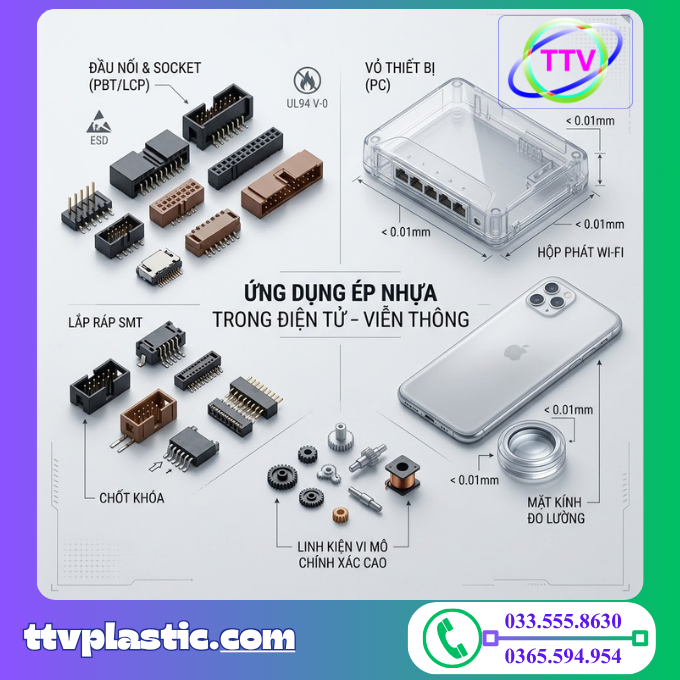 Gia Công Ép Nhựa Kỹ Thuật Cho Ngành Ô Tô, Điện Tử, Y Tế – Đạt Chuẩn ISO - Ứng Dụng Trong Ngành Điện Tử – Viễn Thông